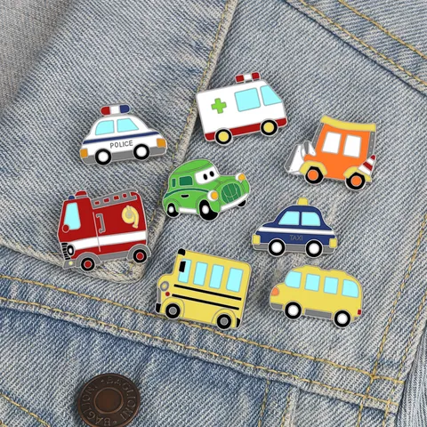 Cute Cartoon Car Enamel Brooch Pin Mini Alloy Vehicle Badge For Kids Clothing Backpack Decoration Police School Bus Taxi
