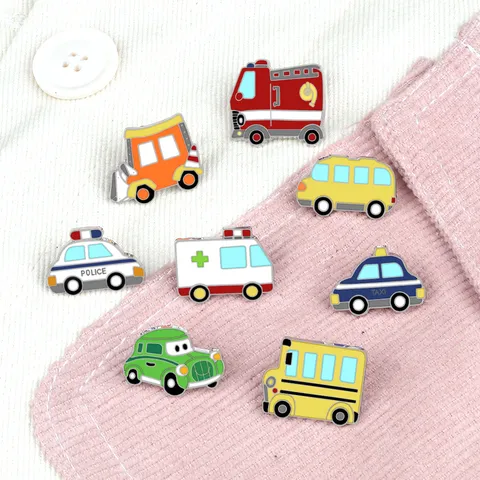 Cute Cartoon Car Enamel Brooch Pin Mini Alloy Vehicle Badge For Kids Clothing Backpack Decoration Police School Bus Taxi