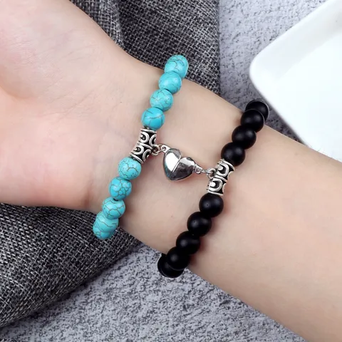 Fashion Natural Stone Beaded Magnetic Heart Couples Distance Bracelets Set For Lovers Friendship Unisex Alloy Beads Strand Bracelet