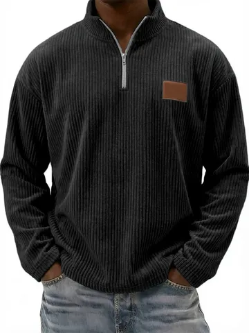 Chemise Polo Rétro en Velours Côté Manches Longues pour Hommes Quart Zip Col Montant Décontracté Brodé Pull-over Haut