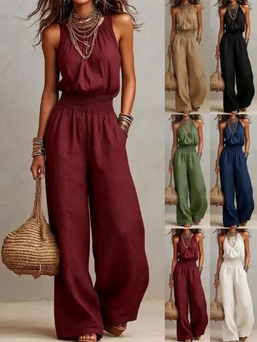 Women Casual Sleeveless Halter Neck Solid Color Wide Leg Long Jumpsuit High Waist Smocked Pockets Summer Elegant Pants