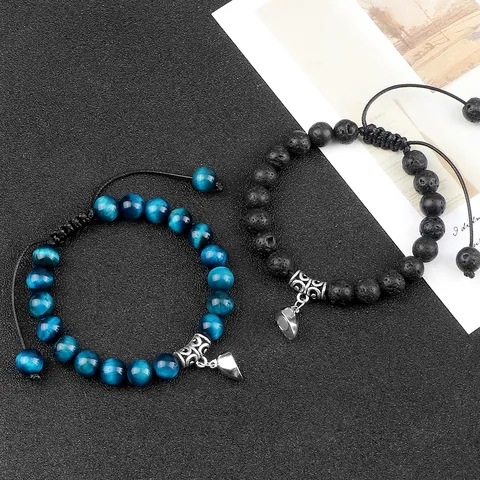 Natural Stone Braided Couple Bracelets Magnetic Heart Matching Beaded Handmade Friendship Jewelry Gift For Lovers