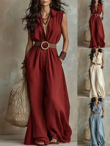 Women's Summer Loose V-Neck Sleeveless Jumpsuit Solid Color Elegant Single-Breasted Wide-Leg Polyester Casual One-Piece Suit