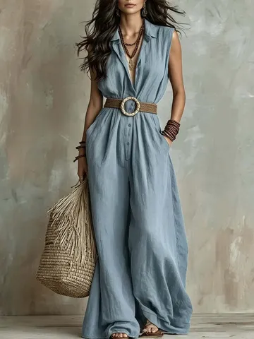 Women's Summer Loose V-Neck Sleeveless Jumpsuit Solid Color Elegant Single-Breasted Wide-Leg Polyester Casual One-Piece Suit