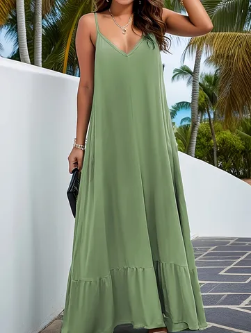 Elegant Solid Color V-neck Camisole Maxi Dress For Women Summer Casual Sleeveless Ruffle Hem Long Dress With Pockets Vacation Apparel