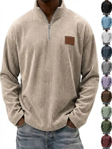 Chemise Polo Rétro en Velours Côté Manches Longues pour Hommes Quart Zip Col Montant Décontracté Brodé Pull-over Haut
