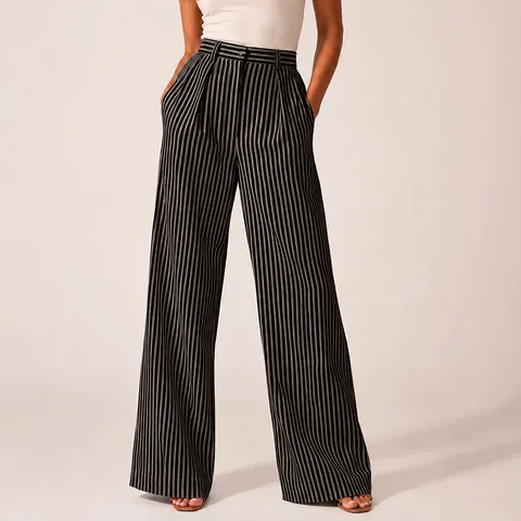 Pantalon Large Rayé Taille Haute Décontracté pour Femmes Pantalon Droit Ample en Polyester Poches