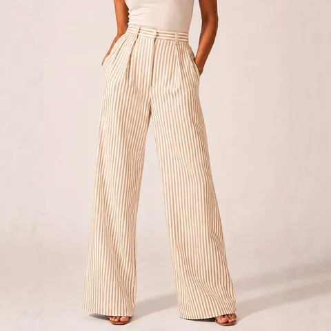 Pantalon Large Rayé Taille Haute Décontracté pour Femmes Pantalon Droit Ample en Polyester Poches