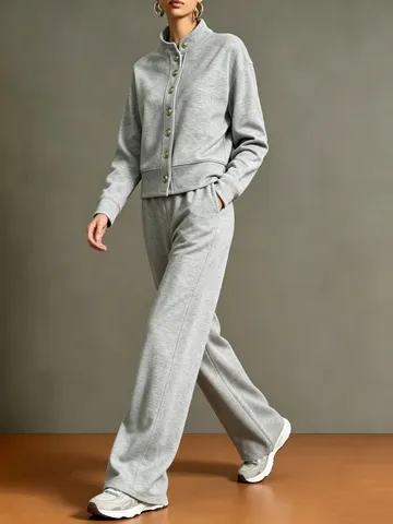 Ensemble Sportif Survêtement Femme Casual Couleur Unie Col Montant Sweatshirt Cardigan et Pantalon Large Manches Longues