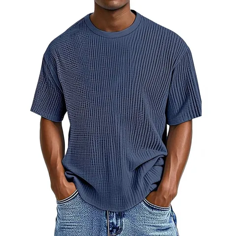 T-shirt Décontracté à Col Rond et Manches Courtes en Tricot Gaufre pour Hommes Couleur Unie Respirant Mode Urbaine Été Top pour Hommes Adolescents