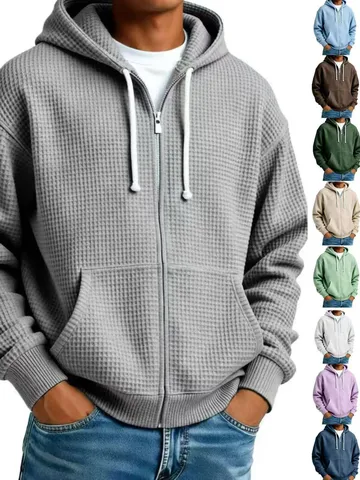 Sweat à Capuche Zippé en Maille Gaufre pour Homme Couleur Unie Décontracté Manches Longues en Polyester Top