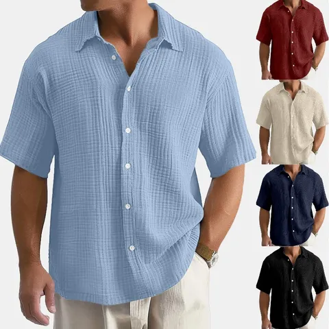 Chemise Décontractée pour Homme en Maille Gaufrette Col à Revers Manches Courtes en Polyester Respirant Haut Texturé pour le Loisir