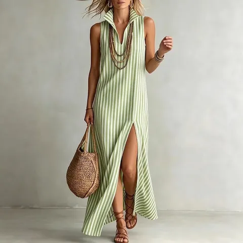 Women Elegant Striped Stand Collar Sleeveless Slit Maxi Dress Slim Fit Polyester Casual Long Dress For Vacation Daily Wear