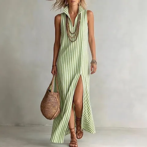 Women Elegant Striped Stand Collar Sleeveless Slit Maxi Dress Slim Fit Polyester Casual Long Dress For Vacation Daily Wear