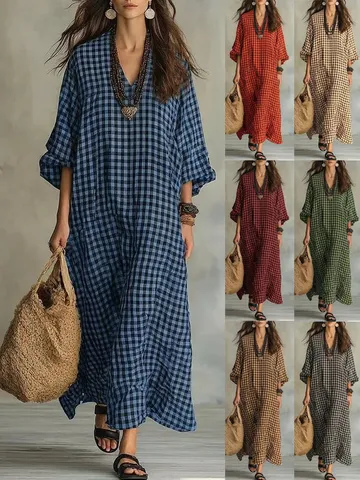 Robe Longue Rétro à Carreaux pour Femmes Col en V Manches Longues Décontractée Ample Patchwork Artistique Automne