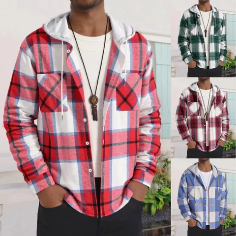 Giacca a Camicia a Quadri Casual da Uomo con Cappuccio Manica Lunga Flanella a Quadri Capispalla Bottoni con Tasche Moda Autunno Inverno Top