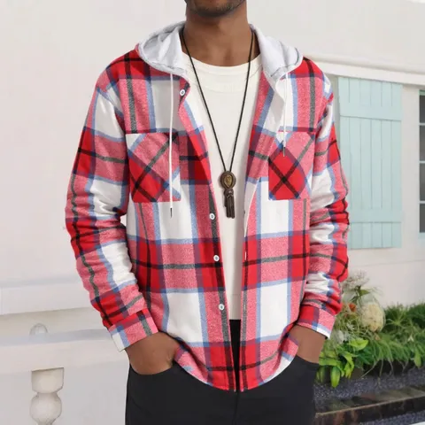Giacca a Camicia a Quadri Casual da Uomo con Cappuccio Manica Lunga Flanella a Quadri Capispalla Bottoni con Tasche Moda Autunno Inverno Top