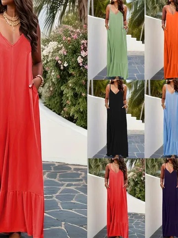 Elegant Solid Color V-neck Camisole Maxi Dress For Women Summer Casual Sleeveless Ruffle Hem Long Dress With Pockets Vacation Apparel