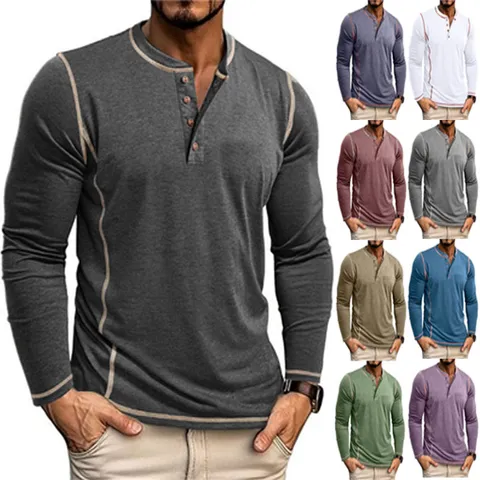 T-Shirt Henley à Manches Longues pour Hommes Surpiqûres Contrastées Bouton Décontracté en Polyester Printemps Automne Coupe Ajustée