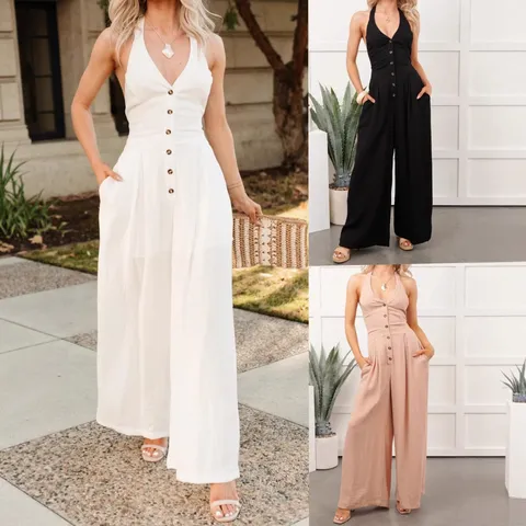 Women Halter Backless Wide Leg Jumpsuit Summer Sleeveless V Neck Button Front One Piece Romper Streetwear Fashion Polyester Long Pants Set
