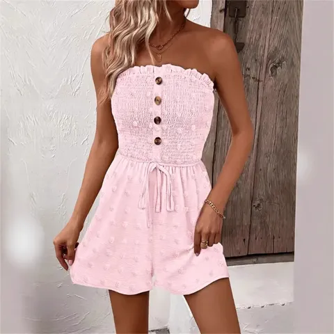 Women's Off Shoulder Romper Summer Solid Color Textured Jumpsuit With Decorative Buttons Drawstring Waist Casual Beach Wear