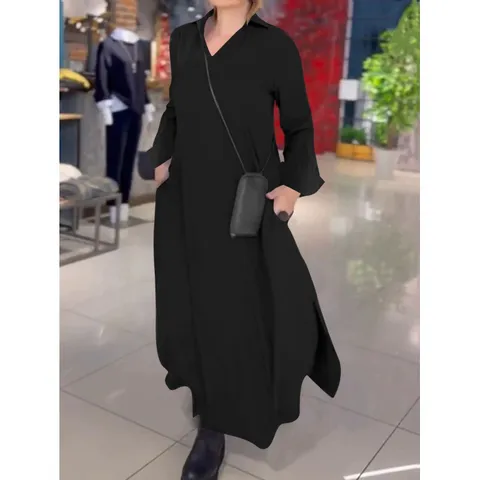 Vestido Largo Elegante de Color Sólido para Mujer Cuello en V Profundo Cuello POLO Manga Larga Vestido Recto de Poliéster para Otoño Invierno