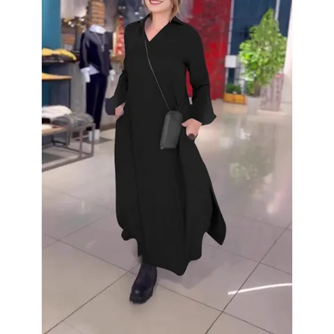 Vestido Largo Elegante de Color Sólido para Mujer Cuello en V Profundo Cuello POLO Manga Larga Vestido Recto de Poliéster para Otoño Invierno