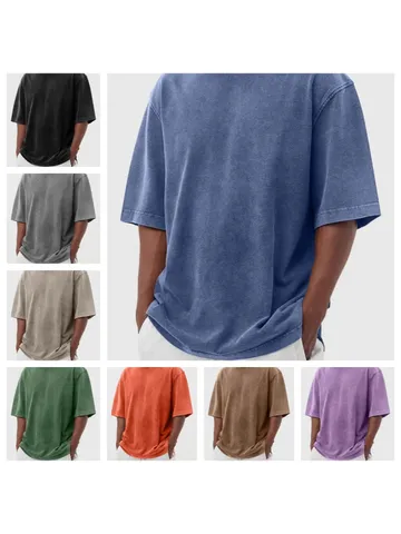 T-shirt Homme Vintage Acid Wash Oversize Polyester Lourd Haut à Manches Courtes Couleur Unie Retro Streetwear Wash Fade Tee Shirt