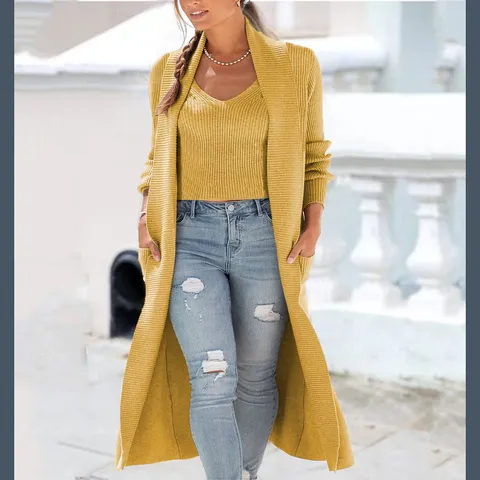Women Cotton Blend Knitted Set Long Cardigan And Tank Top Ribbed Loose Sweater Outerwear Elegant Casual Knitwear Fall Winter