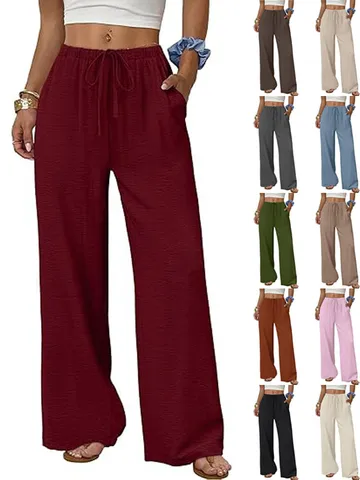 Pantalon à Jambes Larges Décontracté pour Femmes Taille Haute Cordon Ample Pantalon d'Été Couleur Unie Polyester Élasthanne