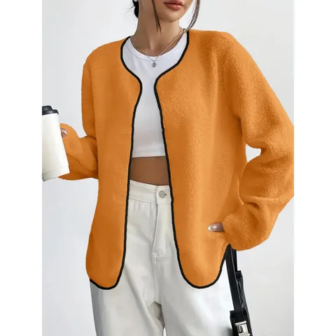 Women's Casual Polar Fleece Open Front Jacket Contrast Binding Solid Color Soft Cardigan Coat Long Sleeve Top Outerwear