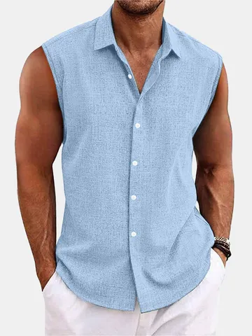 Camicia Hawaiana da Uomo Senza Maniche con Colletto a Punta Gilet da Spiaggia Texture Lino Poliestere Casual Top Estivo