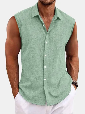 Camicia Hawaiana da Uomo Senza Maniche con Colletto a Punta Gilet da Spiaggia Texture Lino Poliestere Casual Top Estivo