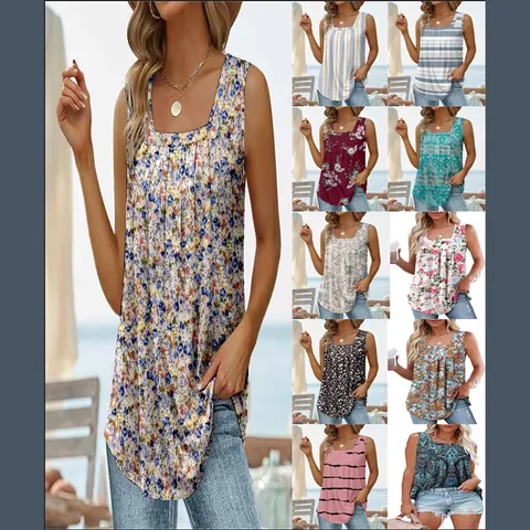 Women Square Neck Sleeveless Swallowtail Vest Pleated Front Printed Polyester Top Summer Casual Floral Geometric Patterned Tank Top
