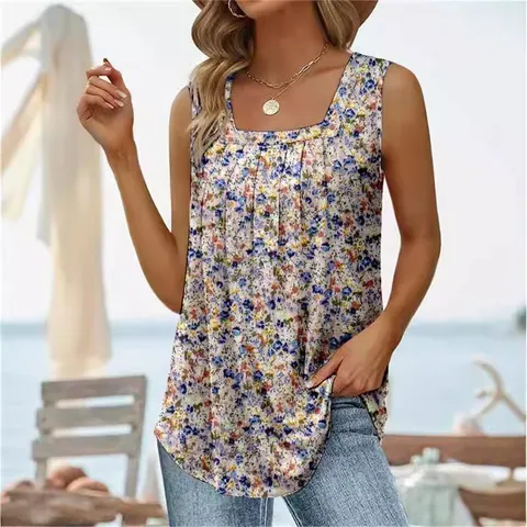 Women Square Neck Sleeveless Swallowtail Vest Pleated Front Printed Polyester Top Summer Casual Floral Geometric Patterned Tank Top
