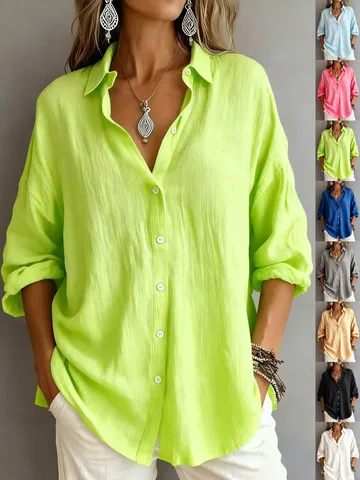 Haut Polo Femme Ample Couleur Unie Chemisier Décontracté Boutonné Élégant Manches Trois-Quarts Vêtement de Travail Été