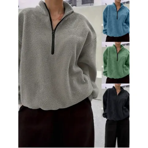 Dames Casual Polar Fleece Sweatshirt Winter Halve Rits Opstaande Kraag Lange Mouw Sherpa Pullover Effen Kleur Warm Top