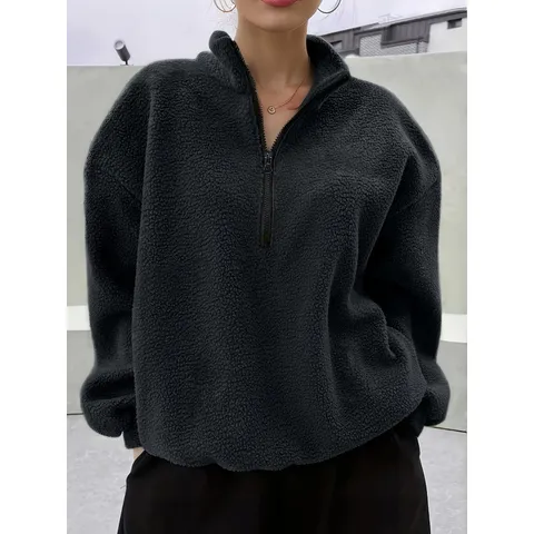 Dames Casual Polar Fleece Sweatshirt Winter Halve Rits Opstaande Kraag Lange Mouw Sherpa Pullover Effen Kleur Warm Top