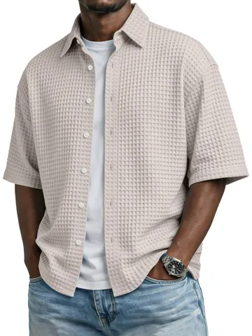 Chemise Décontractée à Manches Courtes en Maille Gauffrée pour Hommes Revers Boutonné Respirant Mode d'Été Couleur Unie