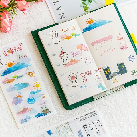 Fresh Watercolor Washi Paper Planner Stickers Creative DIY Decorative Journal Scrapbooking Stickers Floral Pet Food Weather Theme Graphic Decals