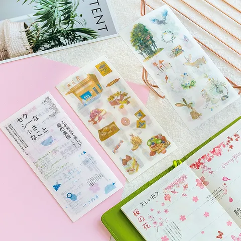 Fresh Watercolor Washi Paper Planner Stickers Creative DIY Decorative Journal Scrapbooking Stickers Floral Pet Food Weather Theme Graphic Decals