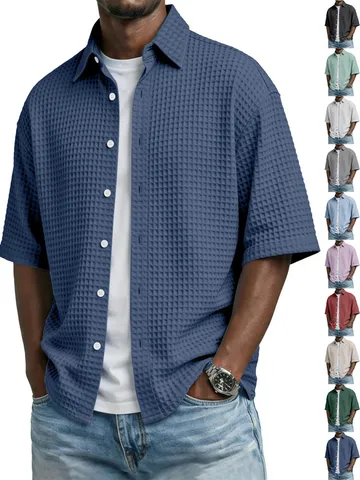 Chemise Décontractée à Manches Courtes en Maille Gauffrée pour Hommes Revers Boutonné Respirant Mode d'Été Couleur Unie