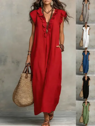 Robe Longue Femme Col en V Sans Manches à Volants Polyester Couleur Unie Décontractée Bohème Mode été Avec Poches