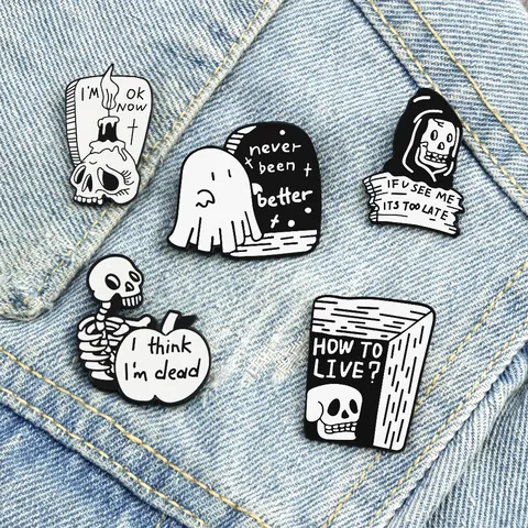 Punk Vintage Alloy Enamel Skull Brooch Pin Ghost Pumpkin Candle Message Letter Badges Halloween Party Clothes Lapel Pins Jewelry Gift For Unisex