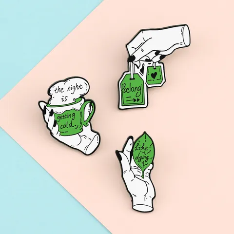 Creative Enamel Tea Culture Alloy Brooch Pin Set Funny Hand Gesture Leaf Teacup Teabag Lapel Badge Clothes Backpack Accessories For Unisex Decor