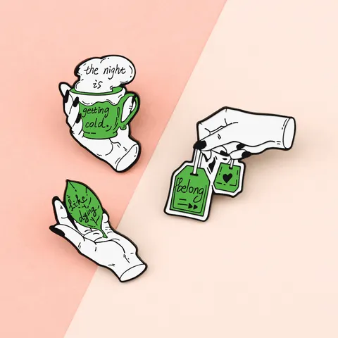 Creative Enamel Tea Culture Alloy Brooch Pin Set Funny Hand Gesture Leaf Teacup Teabag Lapel Badge Clothes Backpack Accessories For Unisex Decor