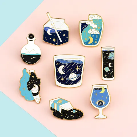 Cute Cartoon Starry Sky Ocean Alloy Enamel Brooch Japanese Style Whale Bottle Milk Cup Lapel Pin For Backpack Clothes Hat Decoration Accessory