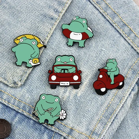 Cute Cartoon Green Frog Alloy Enamel Brooch Pin Set Japanese Style Animal Badge Lapel Pins For Backpack Clothes Decoration Gifts Unisex Jewelry