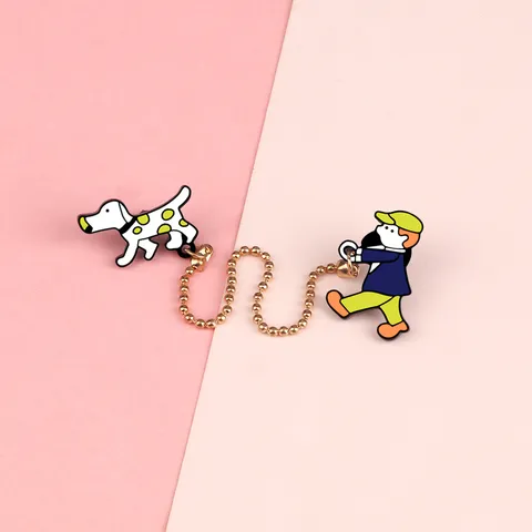 Cute Japanese Cartoon Alloy Enamel Brooch Pin Vivid Character Dog Walking Linked Twin Brooch Backpack Clothing Badge Ornament Gift