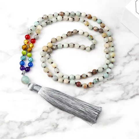 Collar de 108 Cuentas Mala Bohemio Para Mujeres Hombres Retro Multicolor Piedra Natural Con Borla Cadena Para Suéter Pulsera Multicapa Joyería